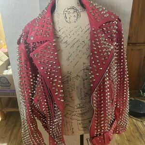 Studded Crimson Leather Jacket. Not Faux. Gorgeous and heavy. Custom piece